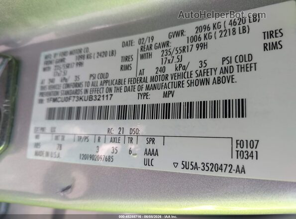 1FMCU0F73KUB32117 2019 FORD ESCAPE Silver Вид підкапотного простору