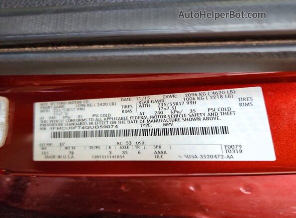1FMCU0F74GUB59074 2016 FORD ESCAPE Maroon Vista de la etiqueta del VIN