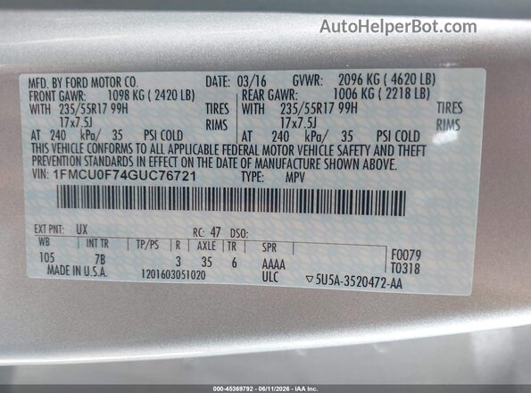 1FMCU0F74GUC76721 2016 FORD ESCAPE Silver Вид підкапотного простору