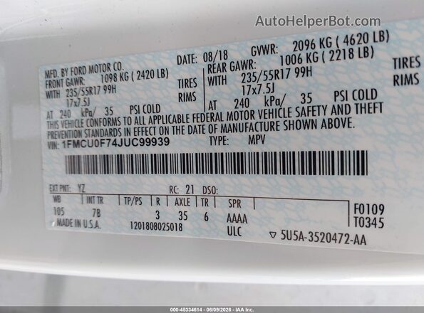 1FMCU0F74JUC99939 2018 FORD ESCAPE Белый Вид подкапотного пространства