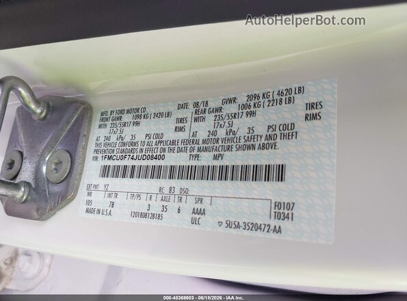 1FMCU0F74JUD08400 2018 FORD ESCAPE White Widok komory silnika
