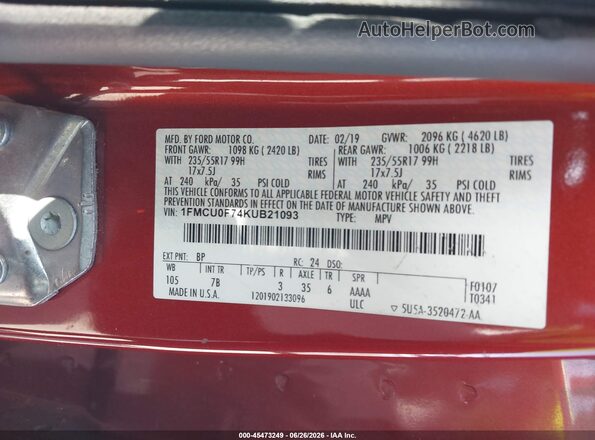 1FMCU0F74KUB21093 2019 FORD ESCAPE Orange Вид підкапотного простору