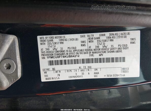 1FMCU0F74KUB84212 2019 FORD ESCAPE Blue Engine compartment view