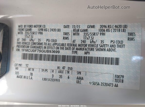 1FMCU0F75GUB93699 2016 FORD ESCAPE Белый Вид подкапотного пространства