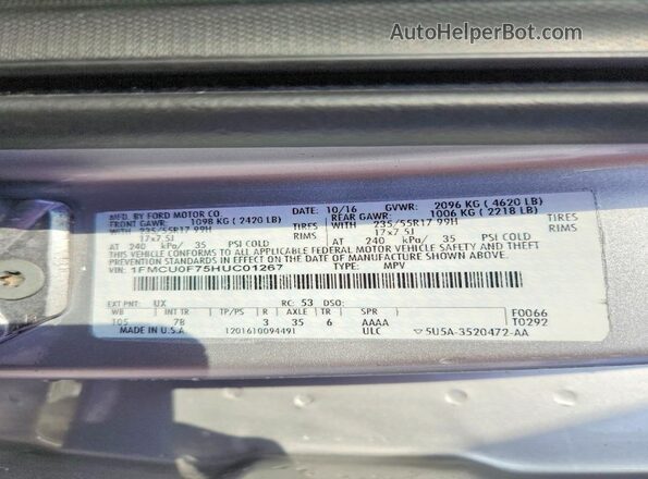 1FMCU0F75HUC01267 2017 FORD ESCAPE Silver 360 interior view