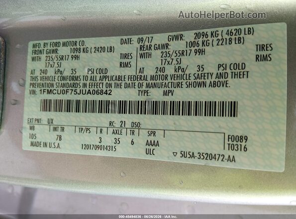 1FMCU0F75JUA06842 2018 FORD ESCAPE Silver Vista del compartimento del motor