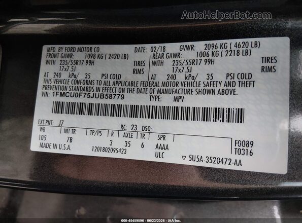 1FMCU0F75JUB58779 2018 FORD ESCAPE Black Вид підкапотного простору