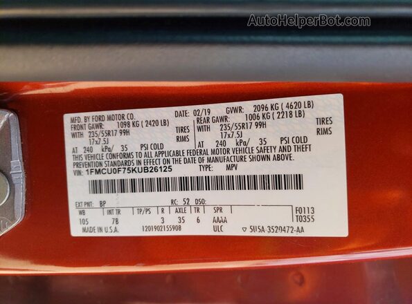 1FMCU0F75KUB26125 2019 FORD ESCAPE Orange VIN sticker view