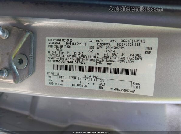 1FMCU0F75KUB77673 2019 FORD ESCAPE Silver Շարժիչի բաժամունքի տեսք