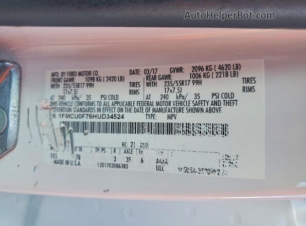 1FMCU0F76HUD34524 2017 FORD ESCAPE White VIN sticker view