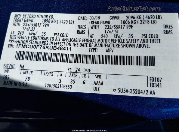 1FMCU0F76KUB48411 2019 FORD ESCAPE Синий Вид подкапотного пространства
