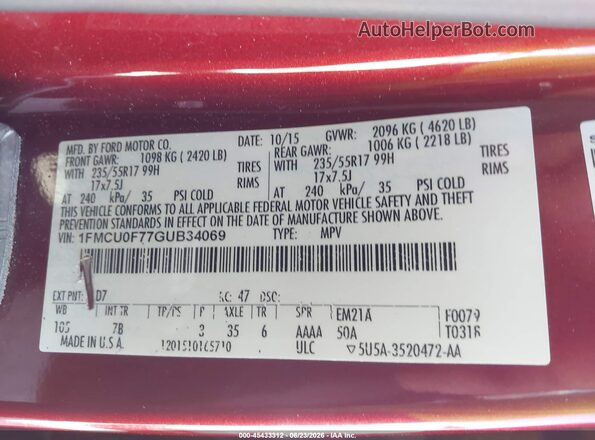 1FMCU0F77GUB34069 2016 FORD ESCAPE Red Engine compartment view