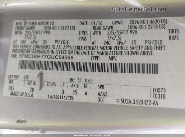 1FMCU0F77GUC04069 2016 FORD ESCAPE Silver Շարժիչի բաժամունքի տեսք