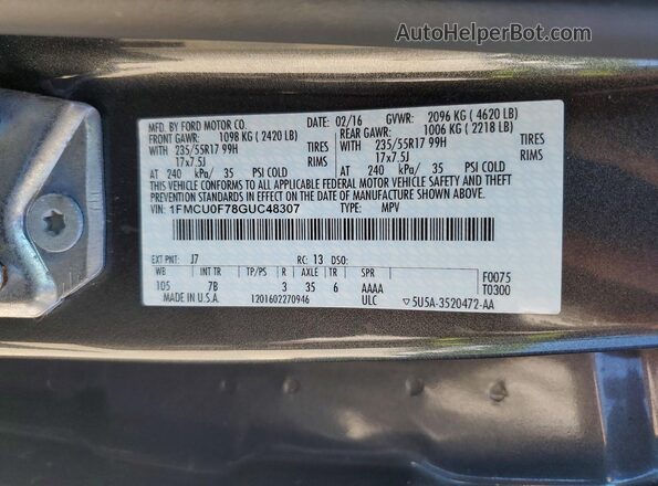 1FMCU0F78GUC48307 2016 FORD ESCAPE Charcoal 