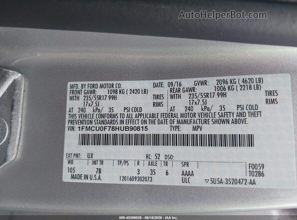 1FMCU0F78HUB90815 2017 FORD ESCAPE Серебряный Вид подкапотного пространства