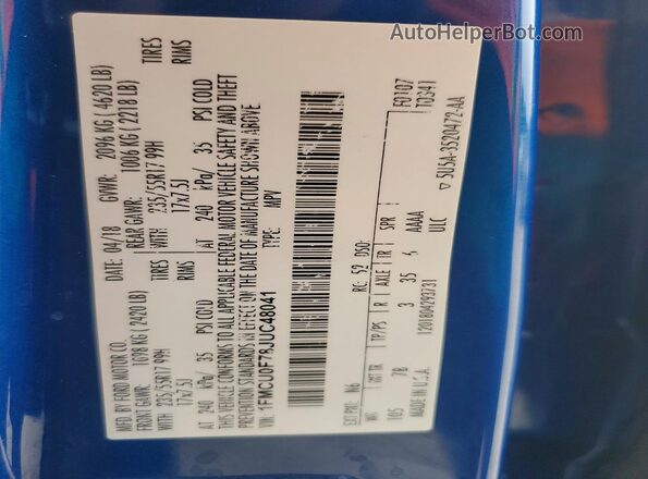 1FMCU0F78JUC48041 2018 FORD ESCAPE Blue VIN sticker view