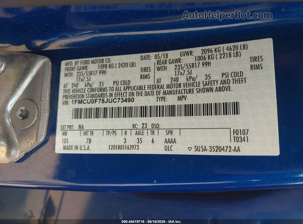 1FMCU0F78JUC73490 2018 FORD ESCAPE Blue ძრავის განყოფილების ხედი