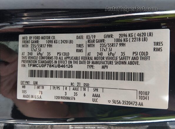 1FMCU0F78KUB46126 2019 FORD ESCAPE Black Вид підкапотного простору
