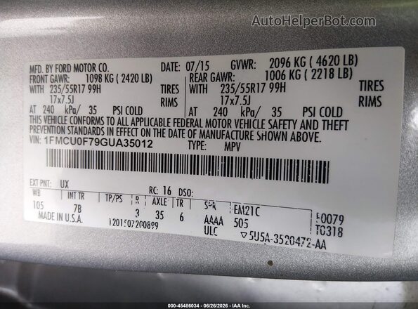 1FMCU0F79GUA35012 2016 FORD ESCAPE Silver Շարժիչի բաժամունքի տեսք