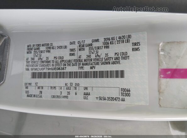 1FMCU0F79HUE08387 2017 FORD ESCAPE White Vista del compartimento del motor