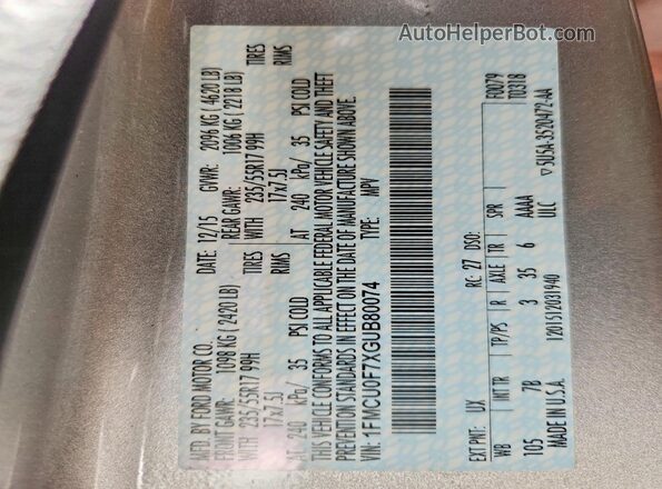 1FMCU0F7XGUB80074 2016 FORD ESCAPE Серебряный Вид наклейки с VIN-кодом