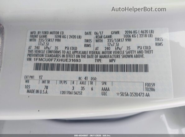1FMCU0F7XHUE31693 2017 FORD ESCAPE White Вид підкапотного простору