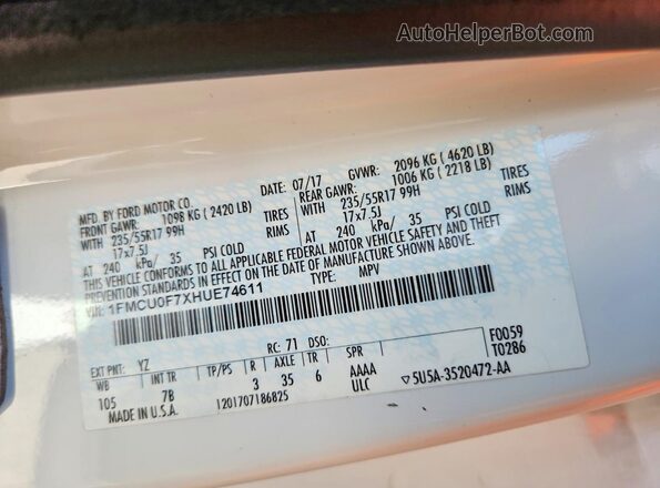 1FMCU0F7XHUE74611 2017 FORD ESCAPE White VIN կոդի պիտակի տեսք