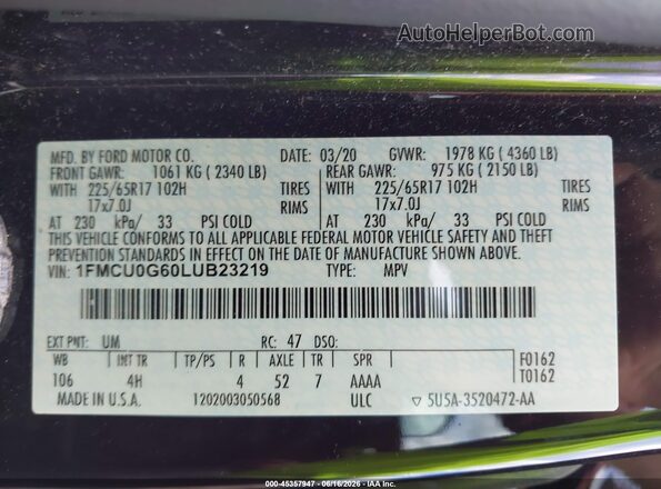 1FMCU0G60LUB23219 2020 FORD ESCAPE Black Շարժիչի բաժամունքի տեսք