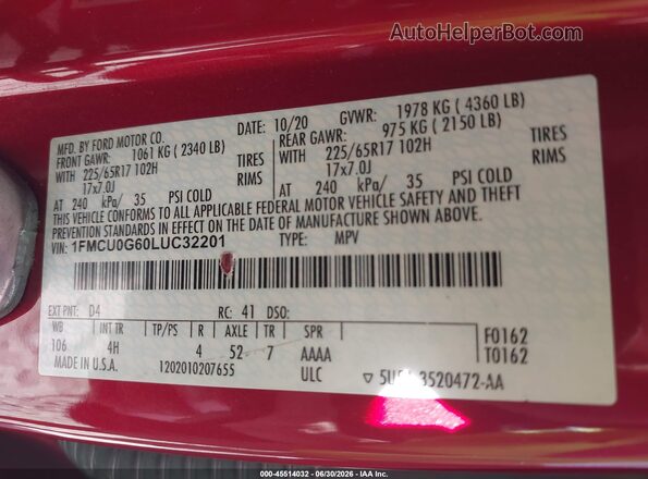 1FMCU0G60LUC32201 2020 FORD ESCAPE Red ძრავის განყოფილების ხედი