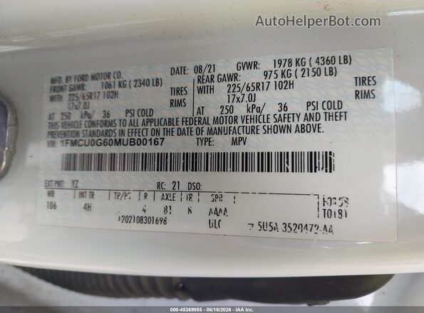 1FMCU0G60MUB00167 2021 FORD ESCAPE Белый Вид подкапотного пространства