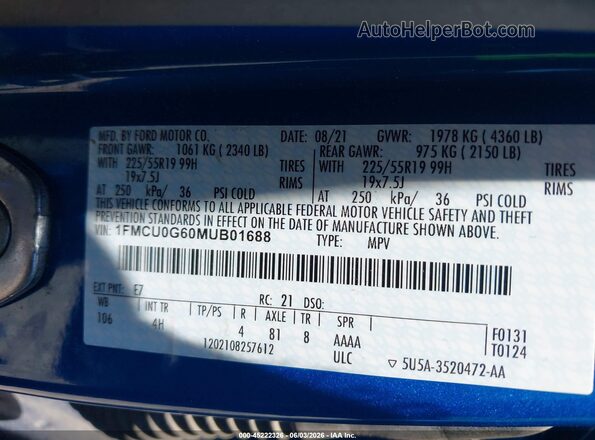 1FMCU0G60MUB01688 2021 FORD ESCAPE Blue Widok komory silnika