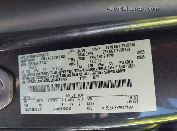 1FMCU0G62LUC03945 2020 FORD ESCAPE Gray Widok komory silnika
