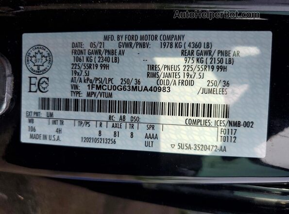 1FMCU0G63MUA40983 2021 FORD ESCAPE Black VIN კოდის სტიკერის ხედი