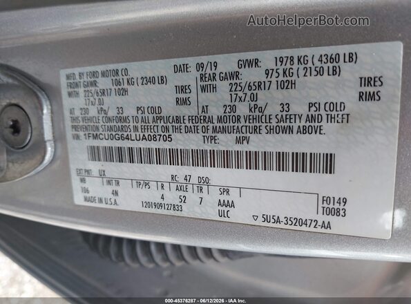 1FMCU0G64LUA08705 2020 FORD ESCAPE Silver ძრავის განყოფილების ხედი