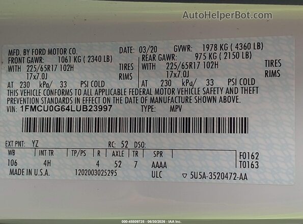 1FMCU0G64LUB23997 2020 FORD ESCAPE White Vista del compartimento del motor