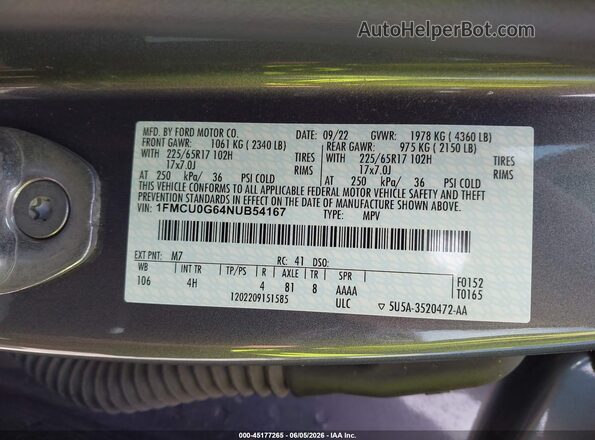 1FMCU0G64NUB54167 2022 FORD ESCAPE Серый Вид подкапотного пространства