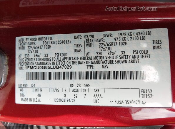 1FMCU0G65LUB47029 2020 FORD ESCAPE Red Вид підкапотного простору