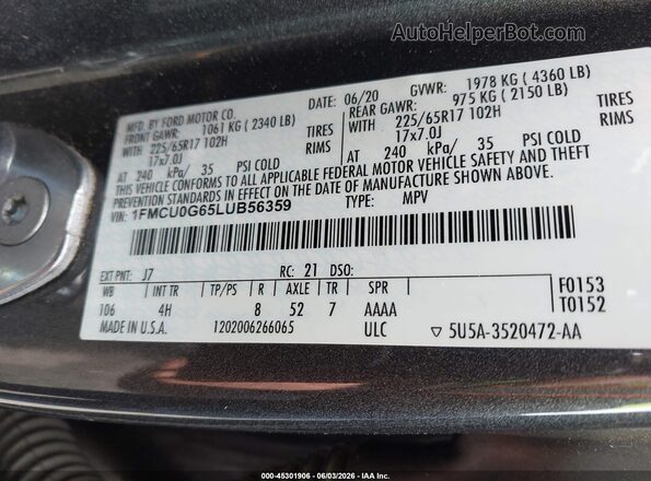 1FMCU0G65LUB56359 2020 FORD ESCAPE Gray ძრავის განყოფილების ხედი