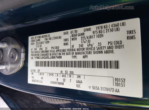 1FMCU0G65LUB67488 2020 FORD ESCAPE Синий Вид подкапотного пространства