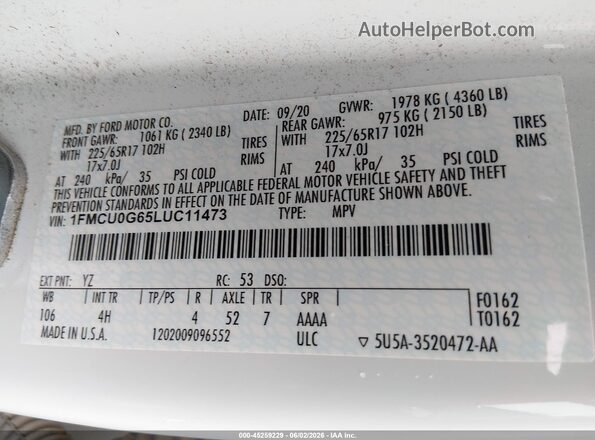 1FMCU0G65LUC11473 2020 FORD ESCAPE White Vista del compartimento del motor