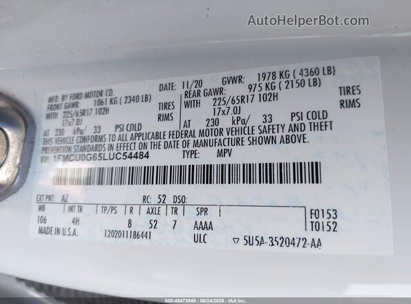 1FMCU0G65LUC54484 2020 FORD ESCAPE White Vista del compartimento del motor