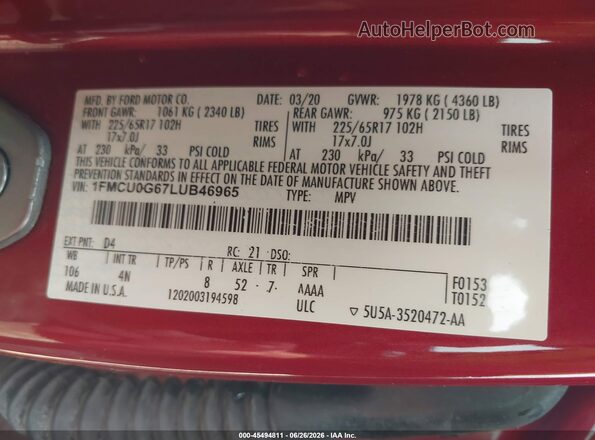 1FMCU0G67LUB46965 2020 FORD ESCAPE Burgundy Widok komory silnika