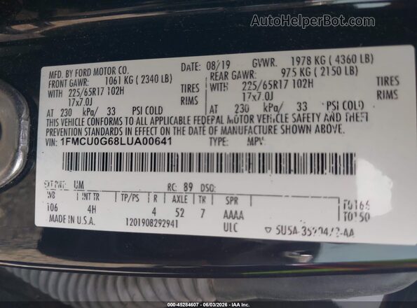 1FMCU0G68LUA00641 2020 FORD ESCAPE Black Widok komory silnika