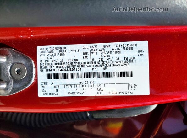1FMCU0G69LUB01803 2020 FORD ESCAPE Red Vista interior de 360 grados