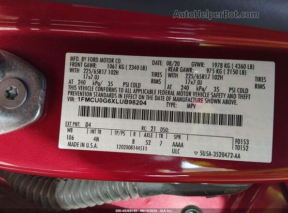 1FMCU0G6XLUB98204 2020 FORD ESCAPE Red Շարժիչի բաժամունքի տեսք