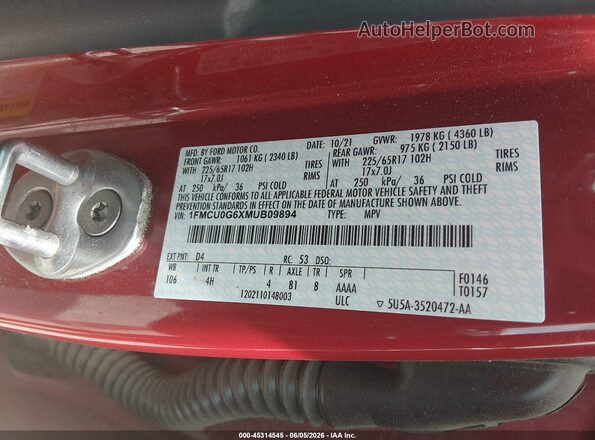 1FMCU0G6XMUB09894 2021 FORD ESCAPE Red Շարժիչի բաժամունքի տեսք