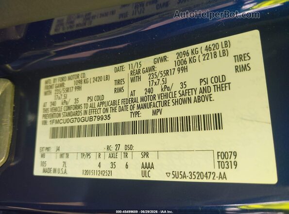 1FMCU0G70GUB79935 2016 FORD ESCAPE Blue Vista del compartimento del motor