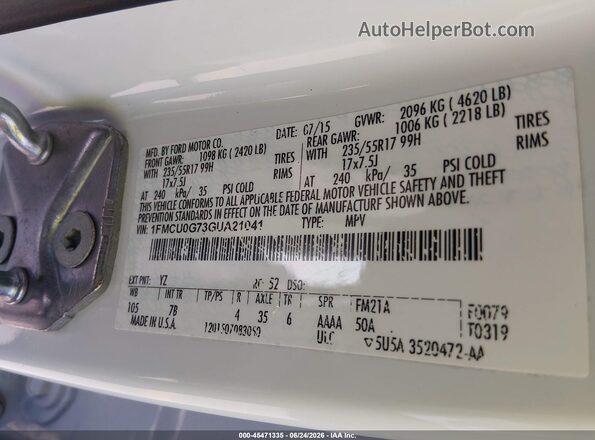 1FMCU0G73GUA21041 2016 FORD ESCAPE White Vista del compartimento del motor