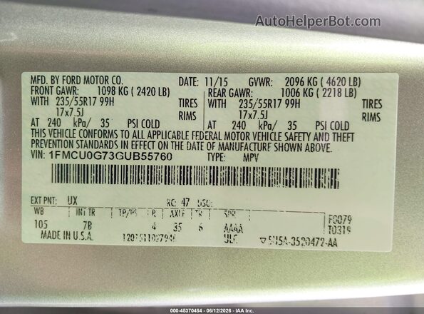 1FMCU0G73GUB55760 2016 FORD ESCAPE Silver Շարժիչի բաժամունքի տեսք