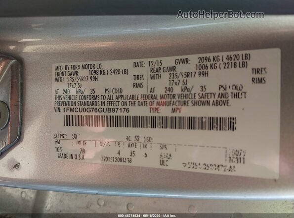 1FMCU0G76GUB97176 2016 FORD ESCAPE Серебряный Вид спереди